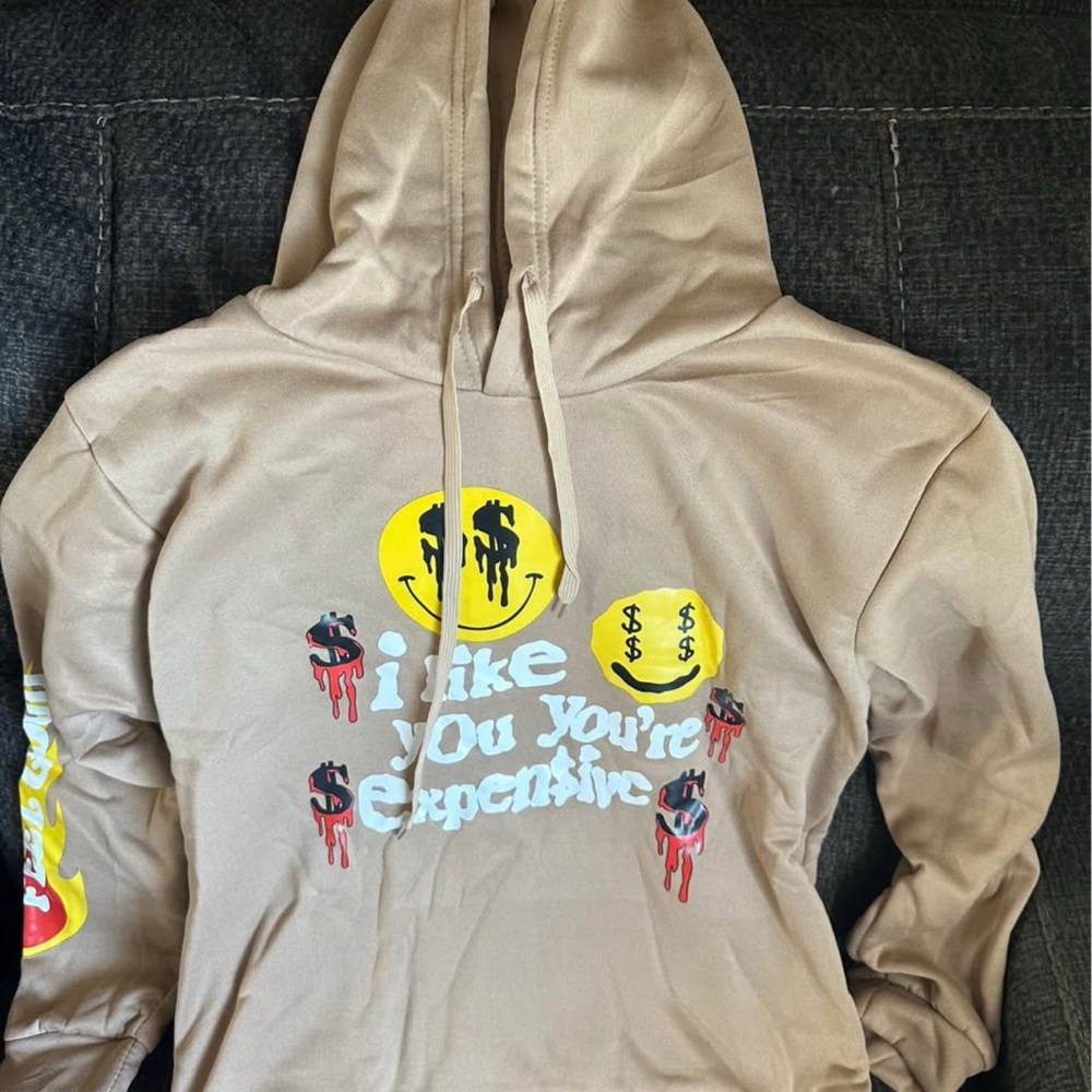 Tan Hoodie with Graphic Print and Yellow Accents